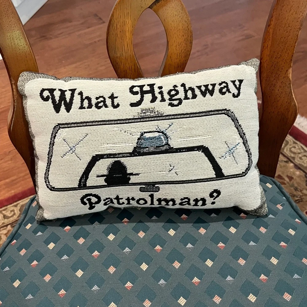 Vintage tapestry style “What Highway Patrolmen?” Decorative Pillow.